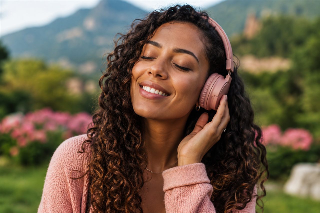 Listener enjoying sacred sound on headphones outdoors
