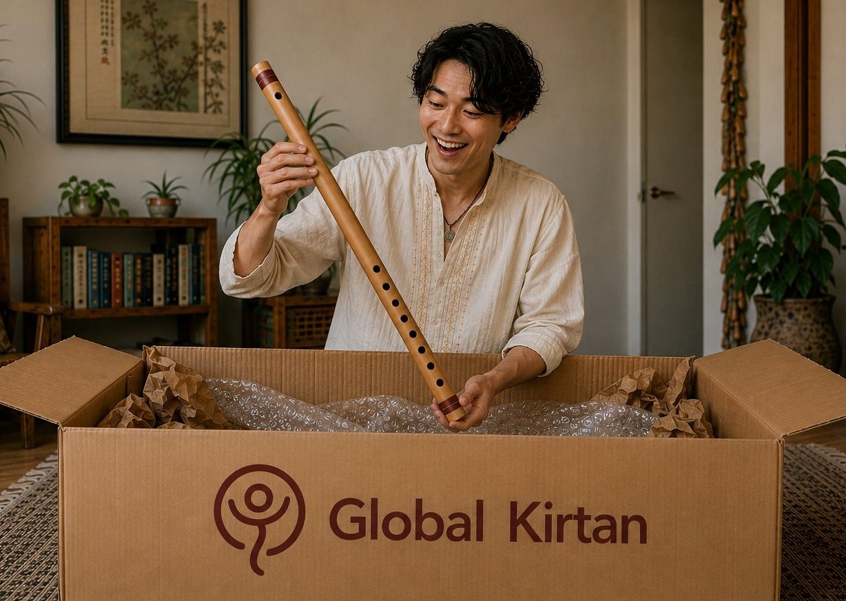 Customer unboxing a bamboo flute from a Global Kirtan shipment